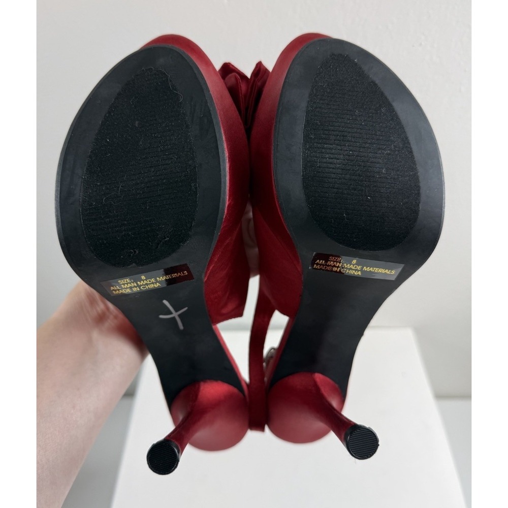 Y2K Night Moves Red Bow Satin Rhinestone Buckle Platform Slingback Heels Size 8 - Picture 6 of 10